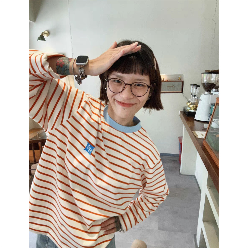 官圖 2023年撞色圓領條紋長袖T恤女秋冬寬鬆圓領上衣
