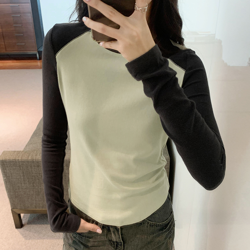 實拍圖基礎款圓領純色正肩拼接打底上衣女2023年秋季百搭新款上衣