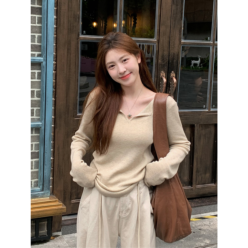 設計感純色V領簡約長袖針織衫女初秋慵懶風百搭內搭打底休閒上衣