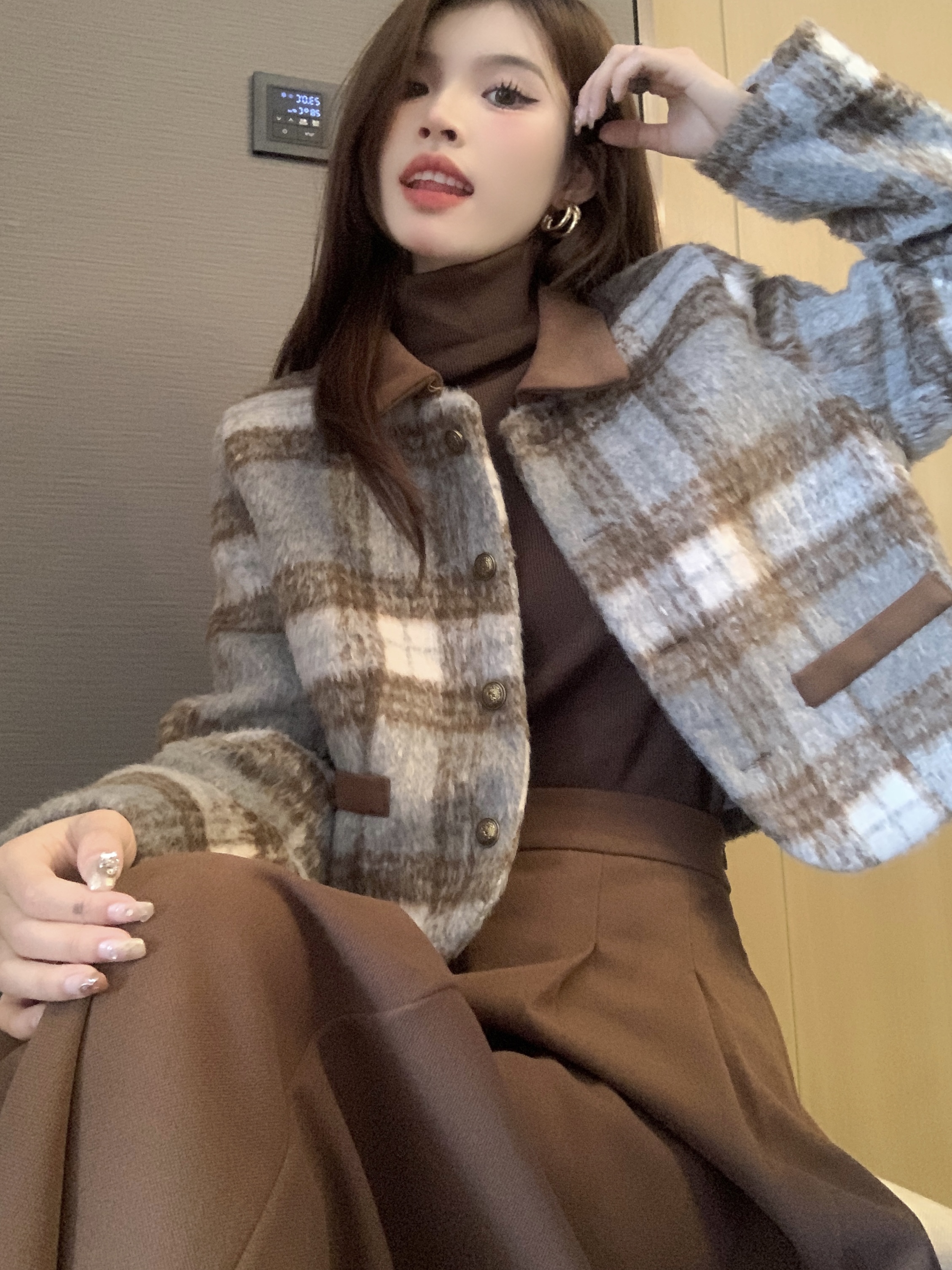 實拍  高級感氣質加厚毛呢復古格子百搭外套+半身長裙套裝