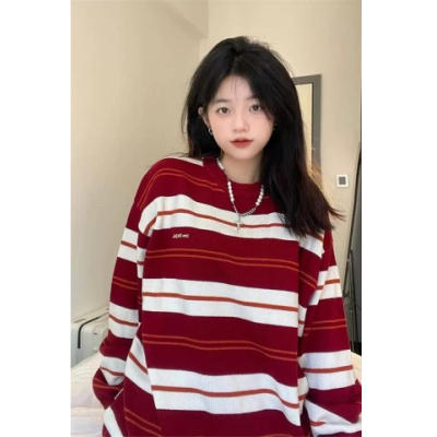紅色條紋針織毛衣女日系復古慵懶風厚春秋小眾設計高級感上衣外套