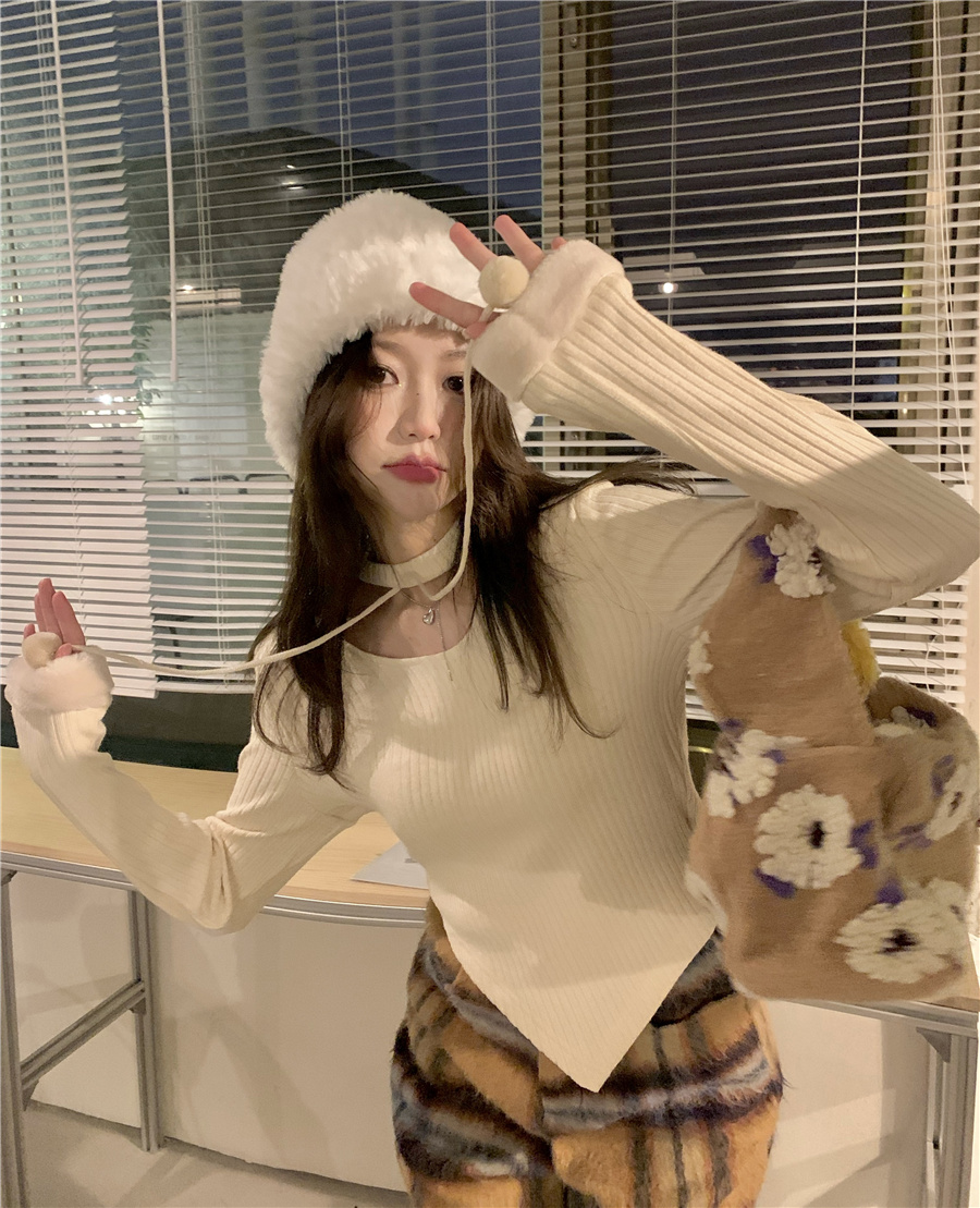 實拍！毛球針織衫甜美小個子軟糯不規則下擺顯瘦打底衫女