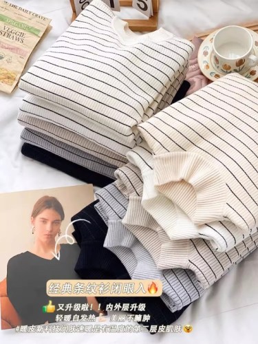 Half turtleneck plus velvet bottoming shirt for women in autumn and winter, long-sleeved thickened knitted top, slim one-piece velvet striped sweater