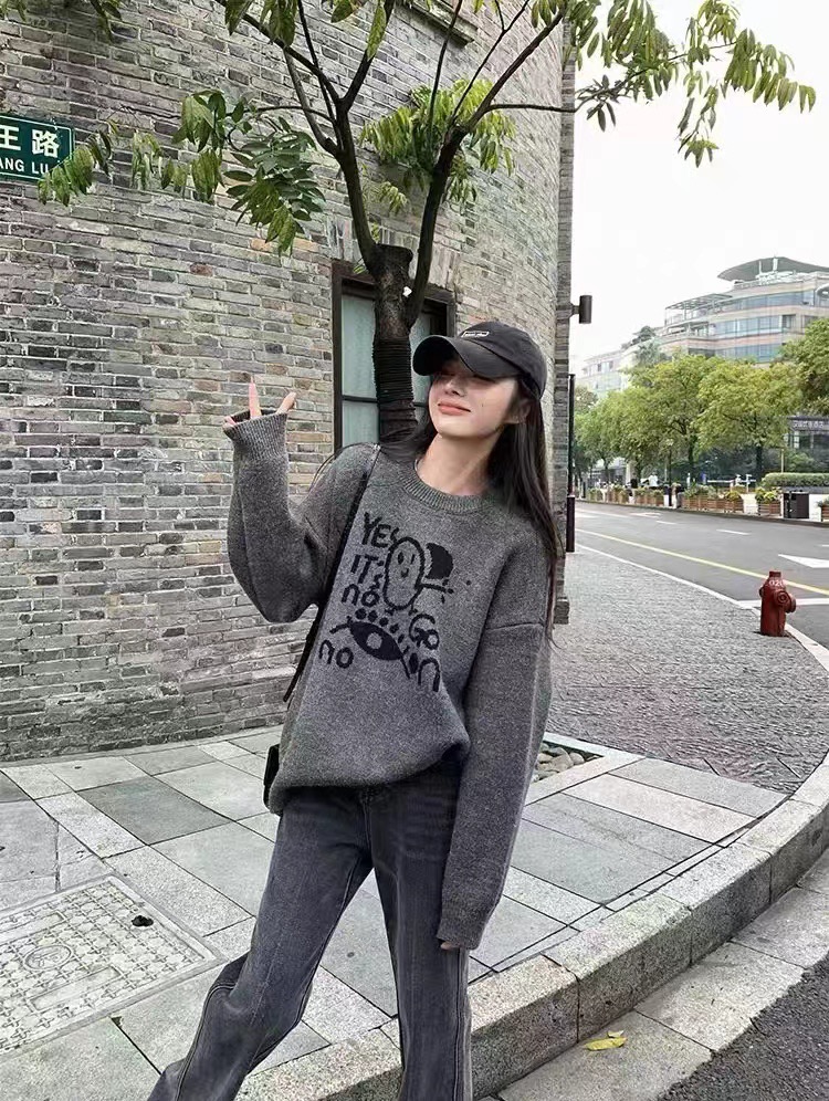 灰色正肩毛衣女秋冬外套慵懶風奶系溫柔復古港味chic針織衫上衣秋