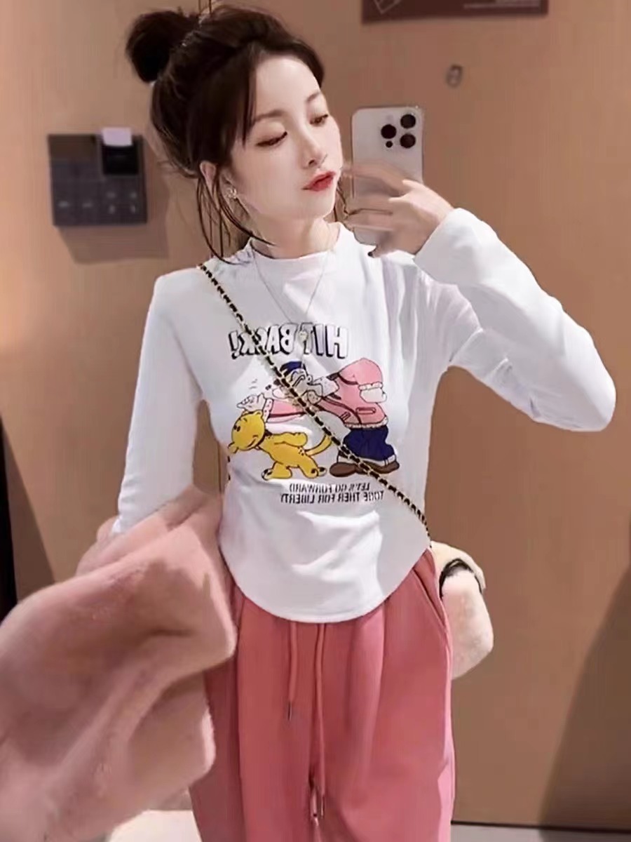 白色洋氣長袖打底衫女秋冬修身T恤設計感小眾時尚內搭磨毛上衣潮