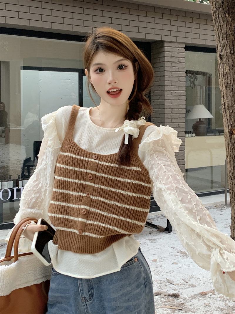 實拍秋冬條紋針織馬甲背心雪紡拼接荷葉邊杏色打底T恤兩件套