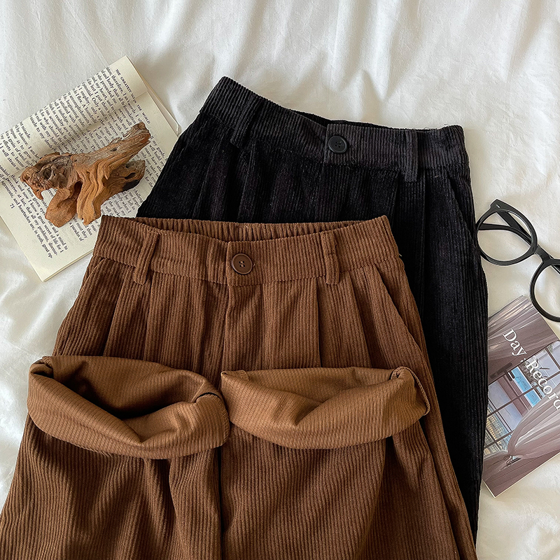 Retro Slim Corduroy Solid Color Casual Pants Women's 2023 Autumn and Winter New Women's Versatile Elastic High Waisted Wide Leg Pants
