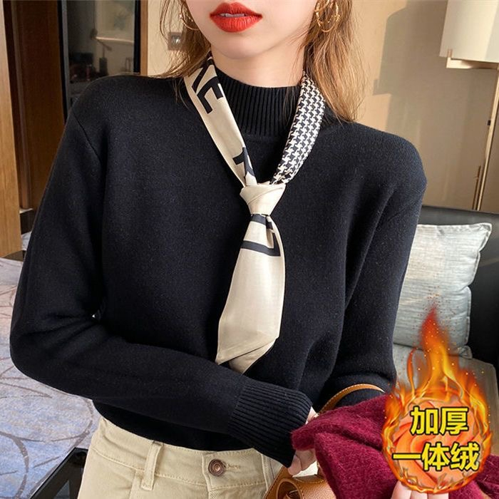 高品質一體絨毛衣女士冬季加絨加厚新款半高領保暖百搭打底衫外穿