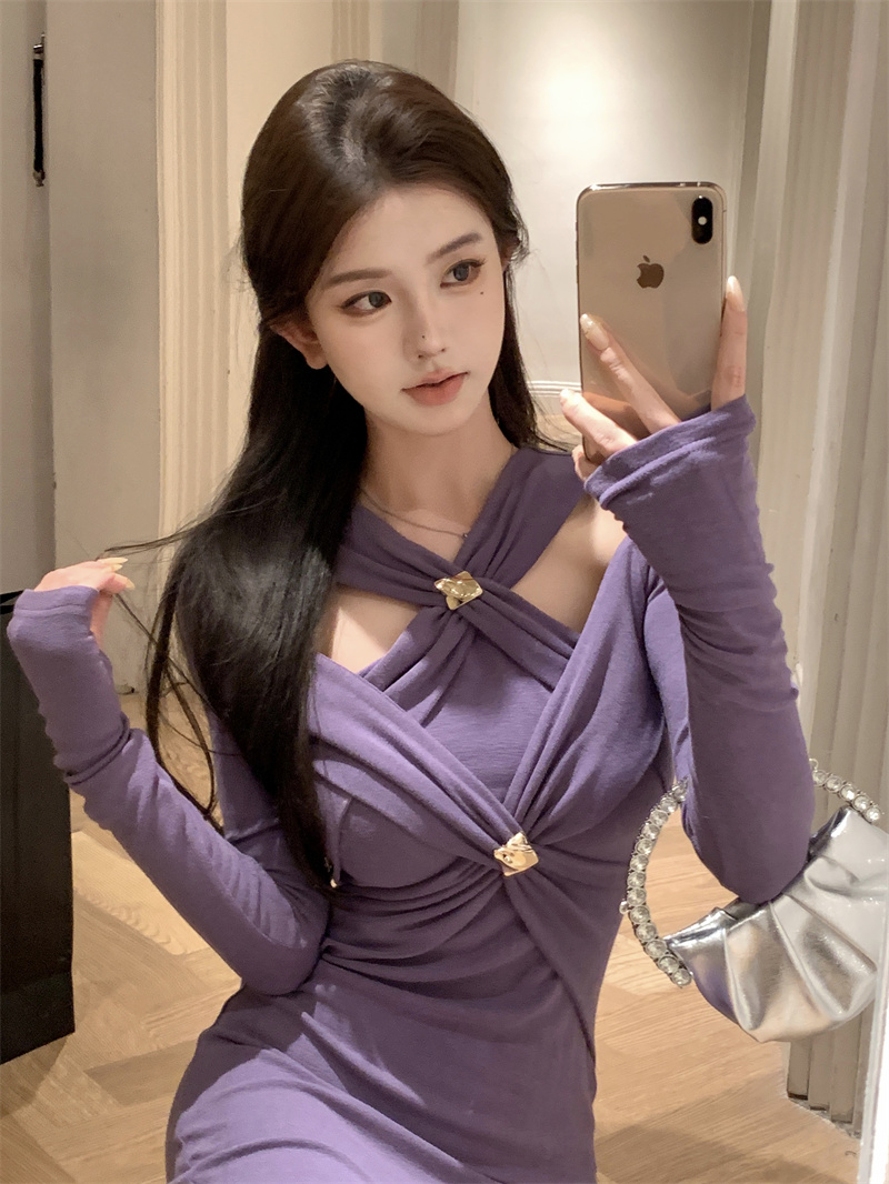 實拍~氣質名媛設計感修身顯瘦內搭打底裙長袖中長款連衣裙