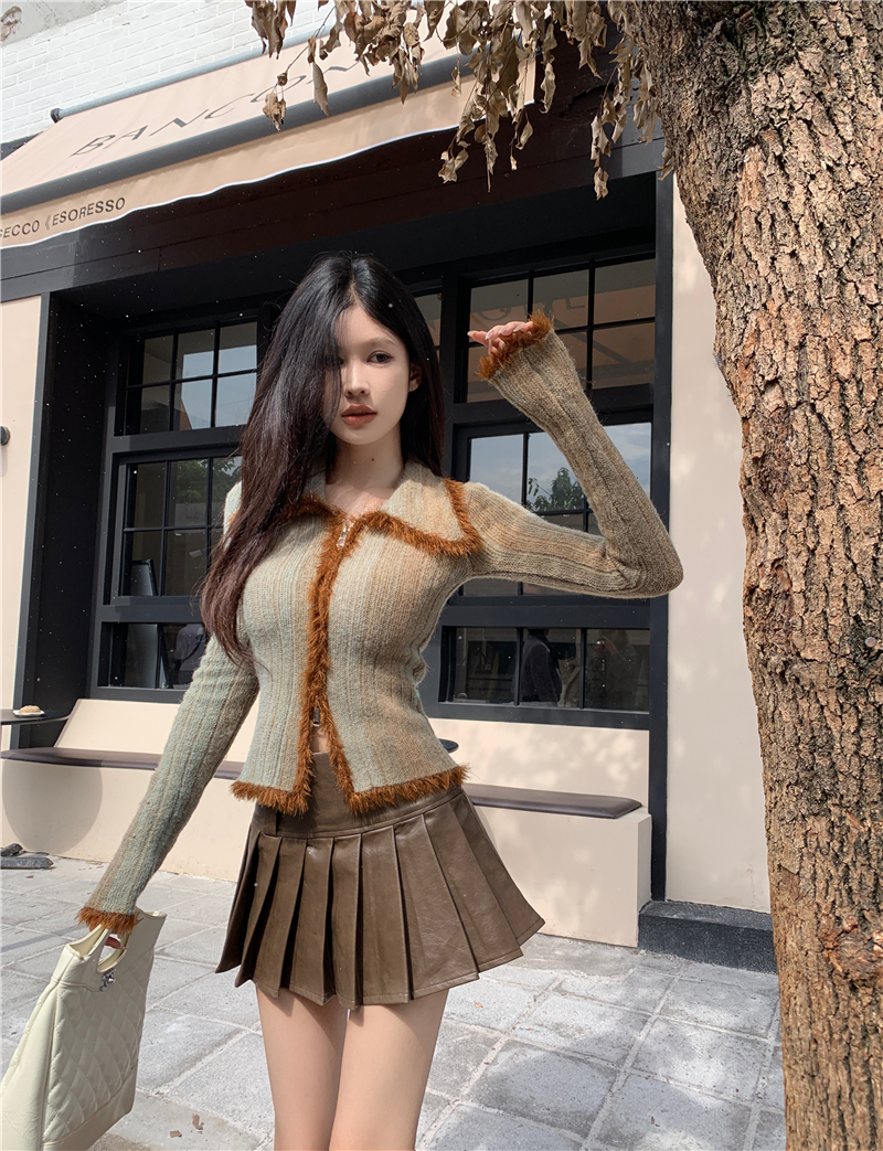 實拍 辣妹短款修身長袖針織衫外穿毛衣開衫翻領拉鏈上衣