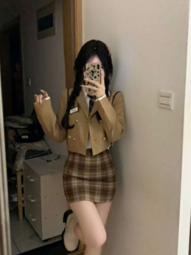 韩系学院风制服西装外套修身衬衫女秋季格子包臀裙三件套