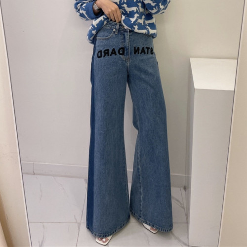 Stylish retro bootcut denim trousers with color block letter embroidery on the side seams