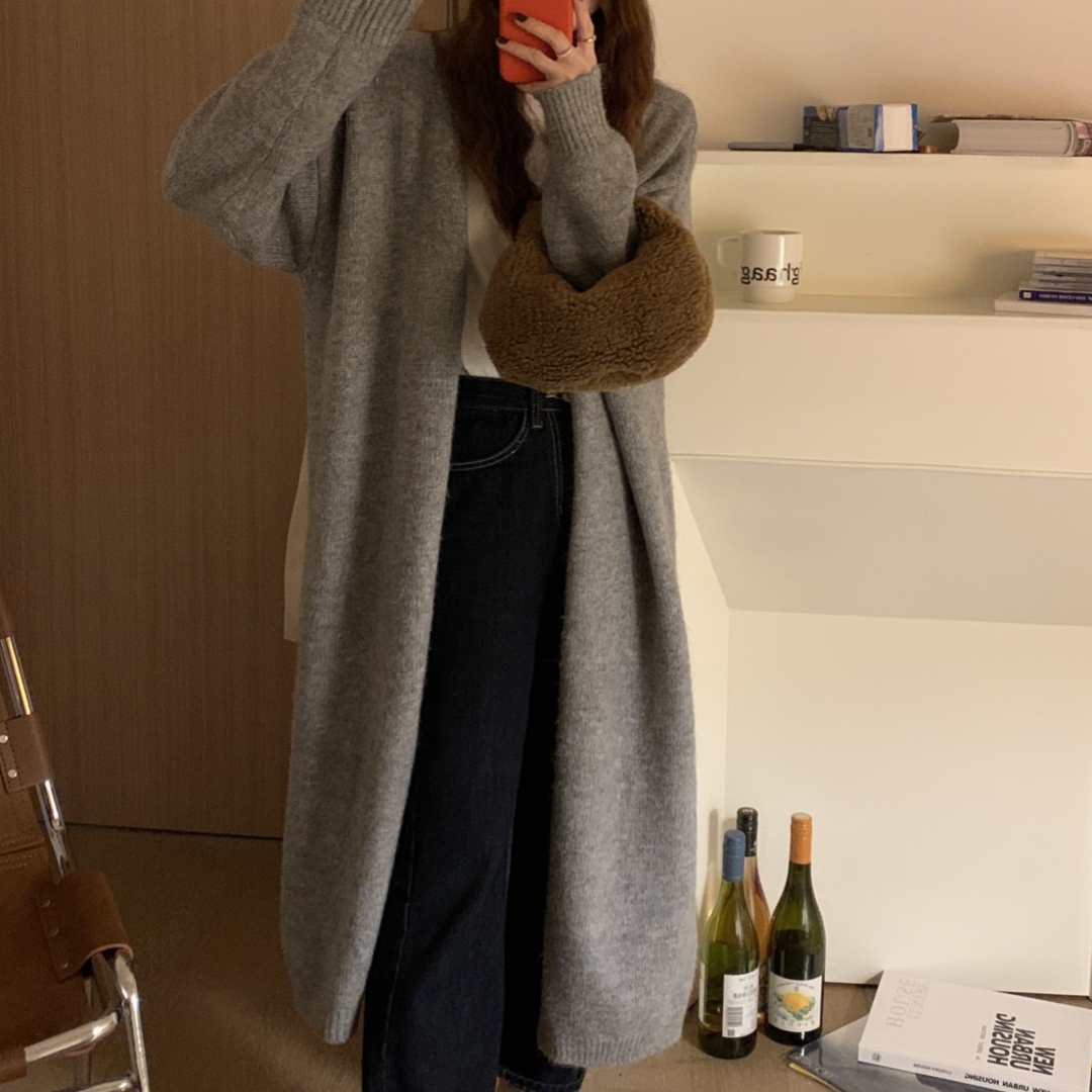 Lune Gray Knitted Cardigan Women's Autumn 2023 New Lazy Style Loose Mid-Length Over-the-Knee Sweater Jacket