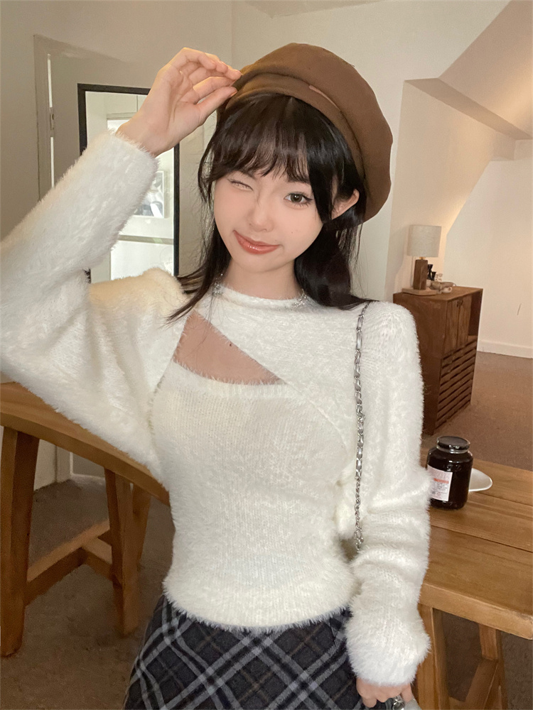 實拍辣妹不規則仿貂絨吊帶打底背心軟糯長袖披肩兩件套裝