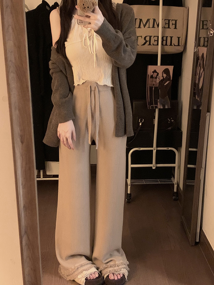 實拍~ 秋冬韓版慵懶高腰垂感流蘇毛邊軟糯加厚針織闊腿褲女