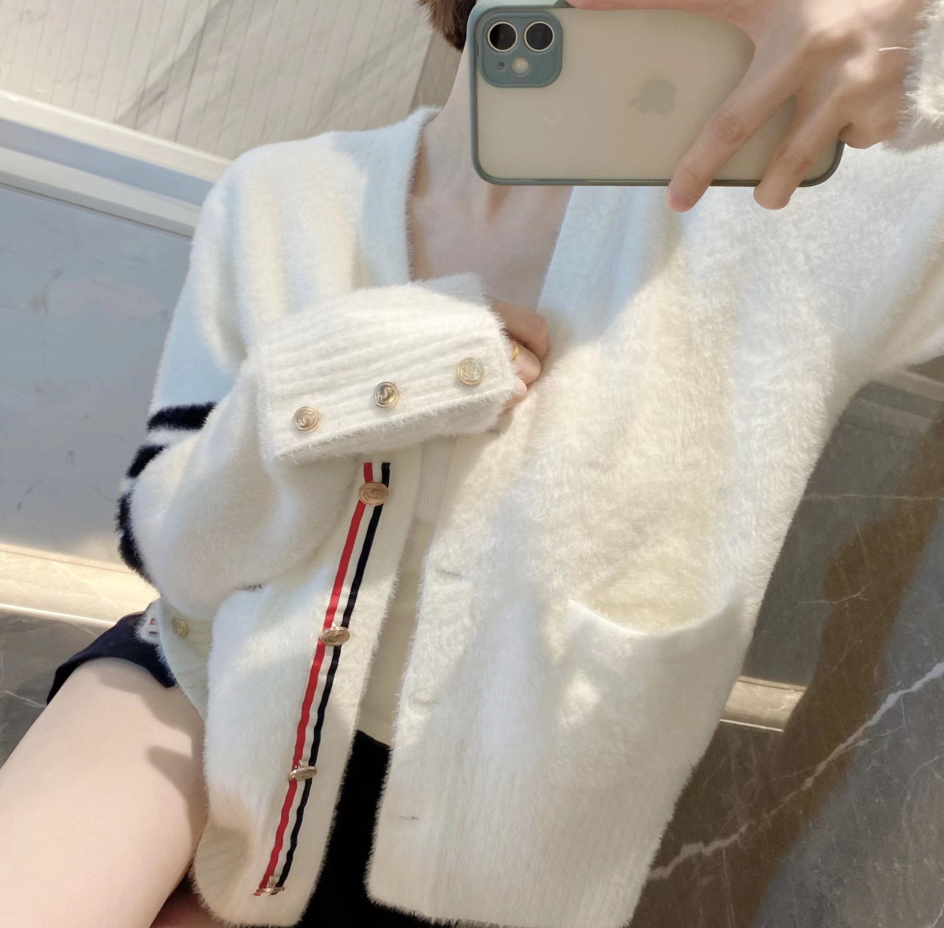 仿水貂絨V領長袖針織開衫女初秋2023新款百搭寬鬆顯瘦毛衣外套潮