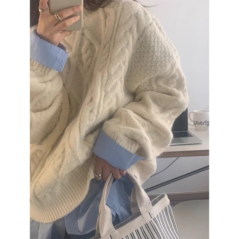溫柔麻花毛衣女秋冬新款寬鬆慵懶風外穿上衣設計感小眾軟糯針織衫