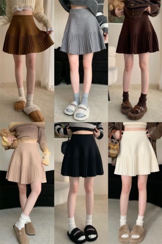 Pleated knitted skirt, super stylish autumn and winter high-waisted knitted skirt, versatile A-line skirt, short skirt