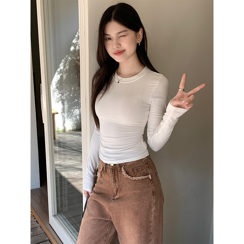 Real shot of autumn slim-fitting bottoming retro round neck with niche letter embroidery hot girl slim-fitting knitted long-sleeved T-shirt