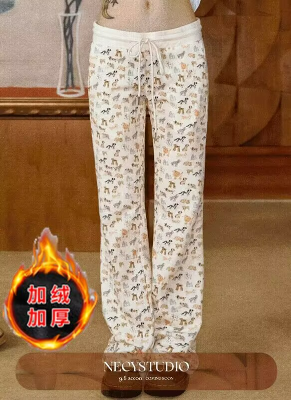 及榀磨毛絨立體腰頭手繪狗狗滿印休閒衛褲外穿ins闊腿褲