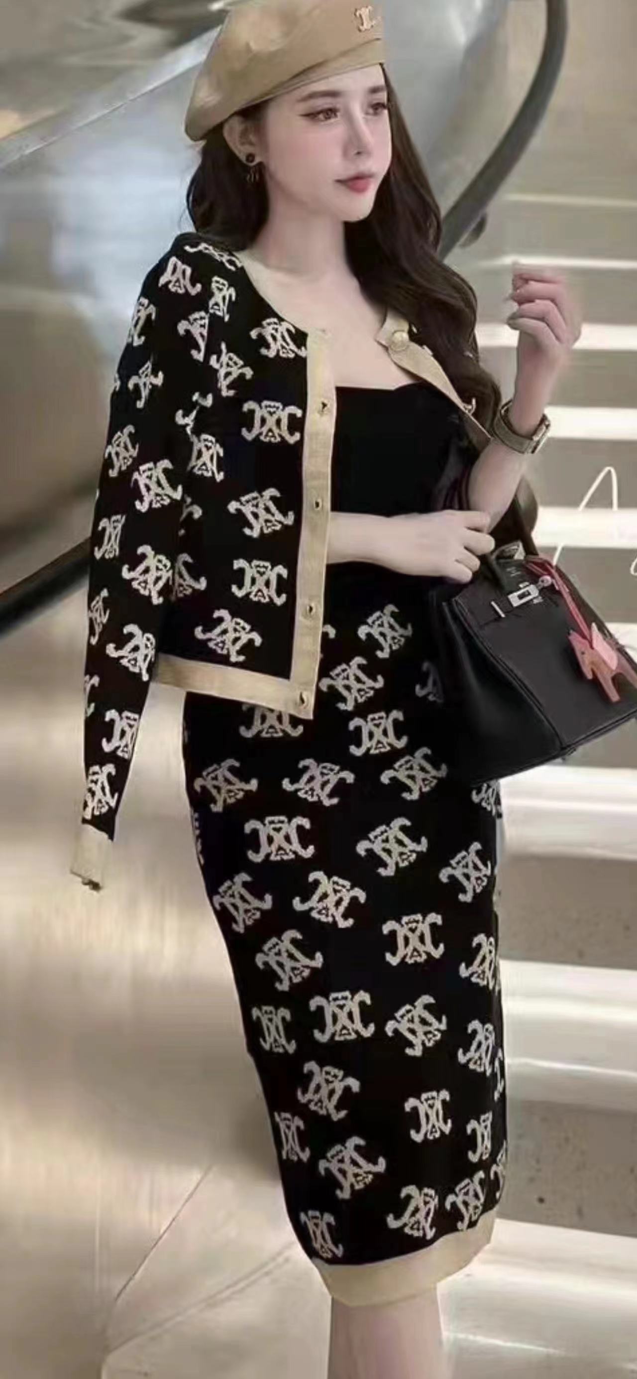 滿印提花套裝女士時尚秋冬新款氣質針織開衫半身裙包臀長裙兩件套