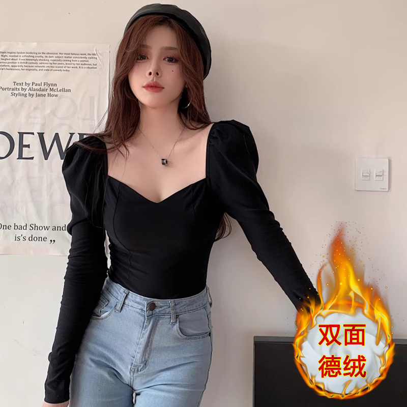 Official photo DeRong retro French puff sleeve warm long-sleeved T-shirt women's slim inner layering shirt top
