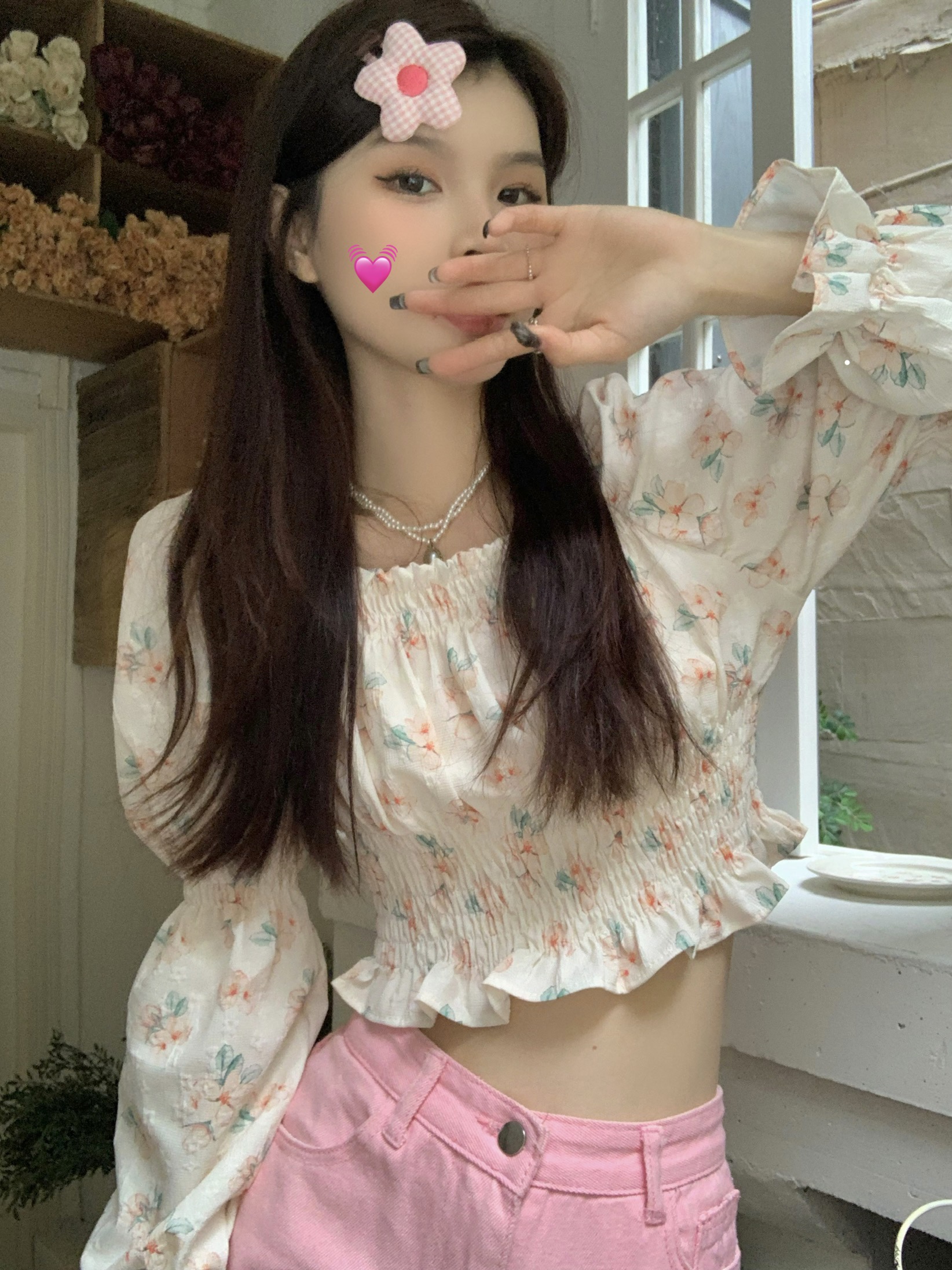 實拍 法式別致方領碎花女士襯衫設計感小眾收腰長袖上衣