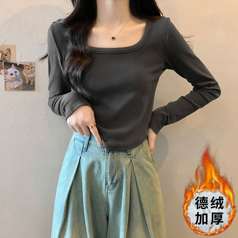 實拍美式長袖方領t恤女秋冬季不規則修身短款德絨打底衫上衣