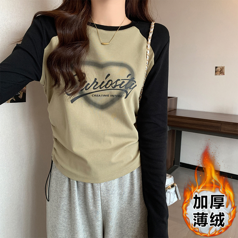 實拍圓領印花長袖t恤女秋冬磨毛加厚設計感抽繩修身短款上衣