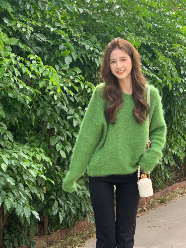 軟糯綠色馬海毛套頭毛衣女春秋秋季寬鬆慵懶風高級感加厚秋冬外穿
