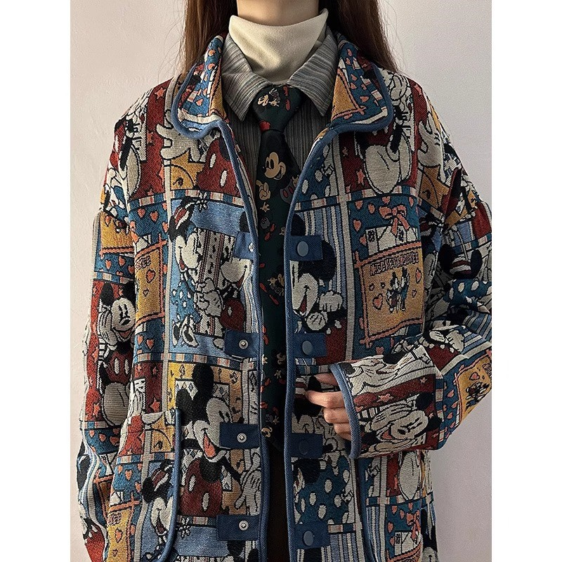 American retro Mickey jacquard jacket for women in autumn loose niche design ins trend