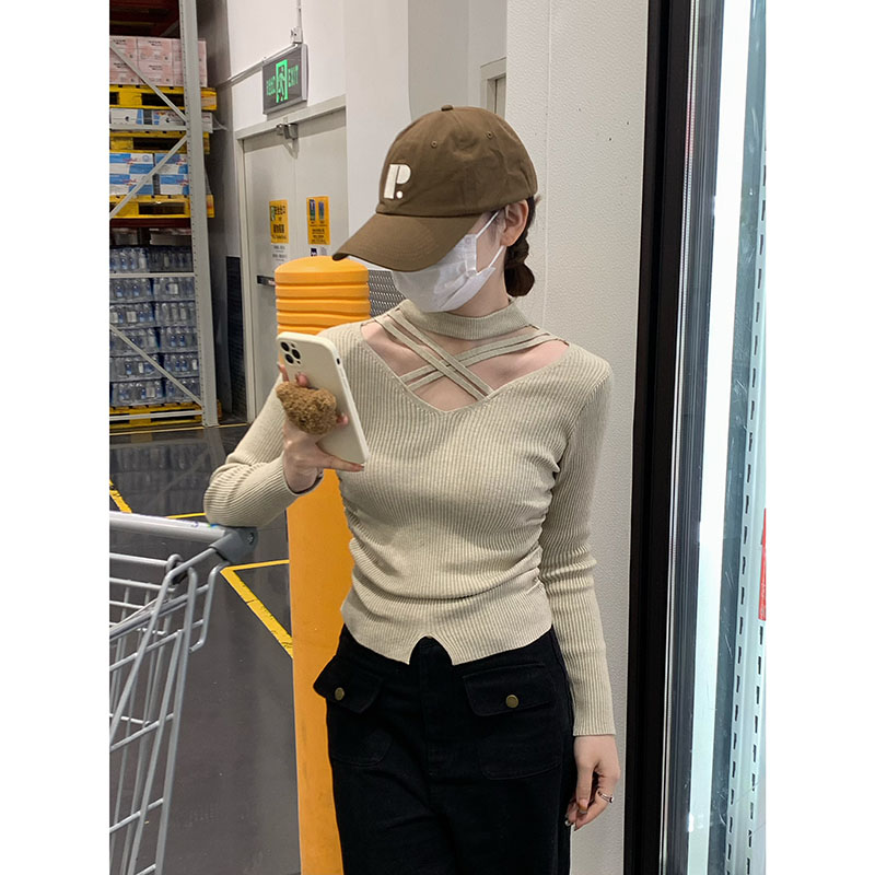 實拍 秋冬甜酷辣妹交叉露鎖骨設計感針織衫修身顯瘦褶皺毛衣