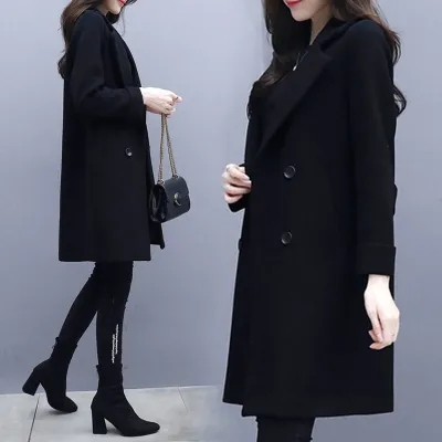 新款春冬季加厚赫本風口袋毛呢大衣女黑色顯瘦中長款呢子大衣