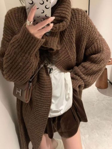 High collar lapel solid color over the knee mid-length solid color thickened sweater coat autumn and winter loose lazy style women's clothing