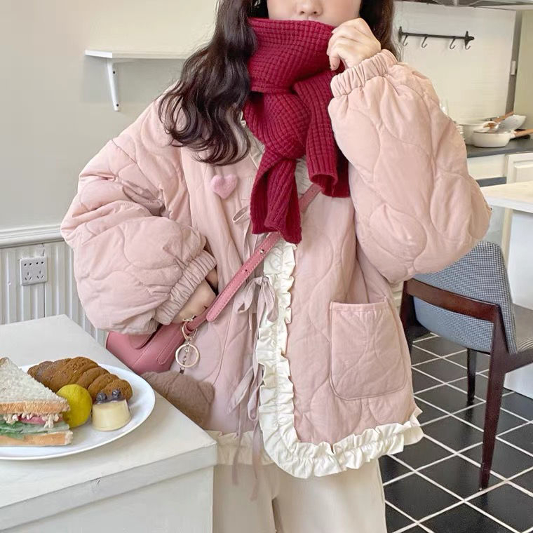 可愛蝴蝶結綁帶加厚加絨棉服外套冬季日系軟妹花邊寬鬆棉衣小個子