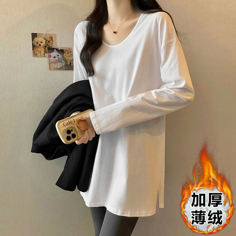 實拍中長款長袖開叉t恤女秋冬季加絨保暖內搭寬鬆顯瘦v領上衣