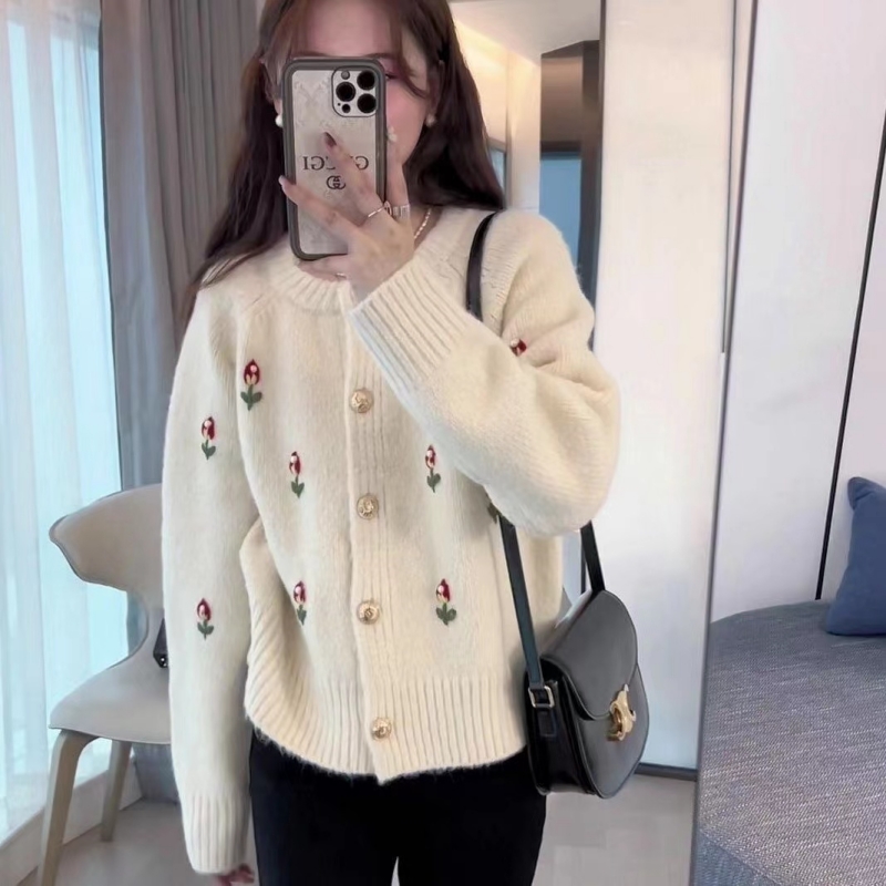 慵懶風毛衣外套女2023秋冬新款韓版減齡小眾刺繡長袖針織開衫上衣