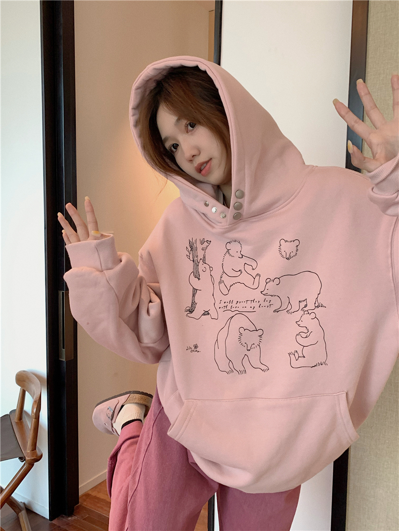 310g imitation cotton interwoven fabric, non-pilling, winter velvet sweatshirt for women with hooded print, double layer hood with back strip