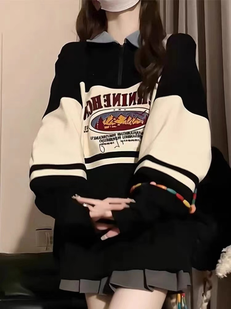 純棉華棉複合牛奶絲官方POLO領衛衣女春秋季復古撞色衛衣