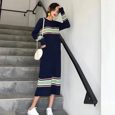慵懶風長款寬鬆大碼條紋針織連衣裙加厚毛衣裙女