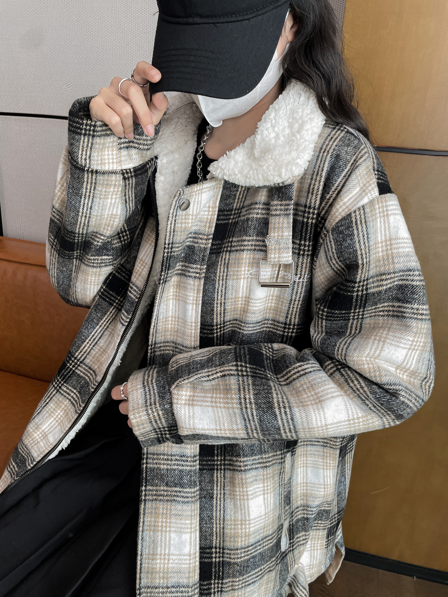 2023年新款冬季棉衣設計感小眾棉襖外套格子羊羔絨棉服oversize女