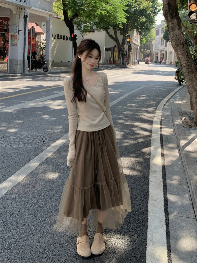 實拍 坑條v領長袖百搭修身打底衫上衣超仙褶皺紗裙顯瘦半身裙