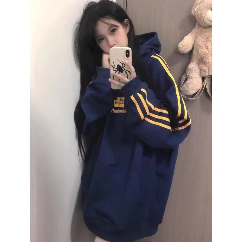 Chinese cotton composite silver fox velvet three-stripe hooded sweatshirt for women plus velvet thickened printed loose jacket