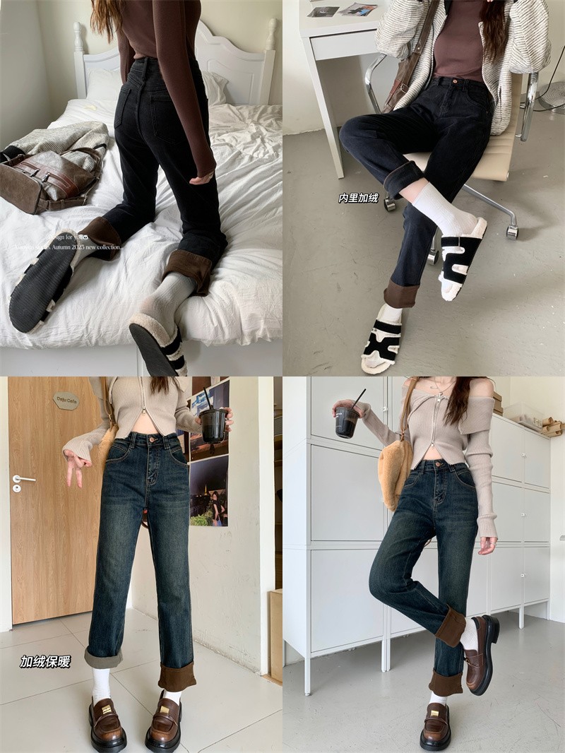 實拍 秋冬加絨加厚新款高腰寬鬆顯瘦九分牛仔褲女