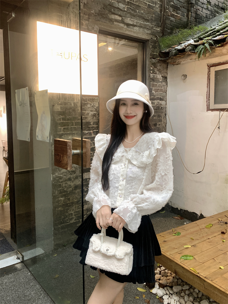 實拍~超仙外穿開衫上衣內搭設計感珍珠重工甜美百搭長袖襯衫