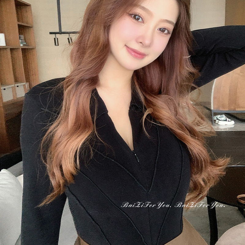 明線秋季緊身翻領長袖T恤女辣妹收腰內搭打底衫拉鏈上衣