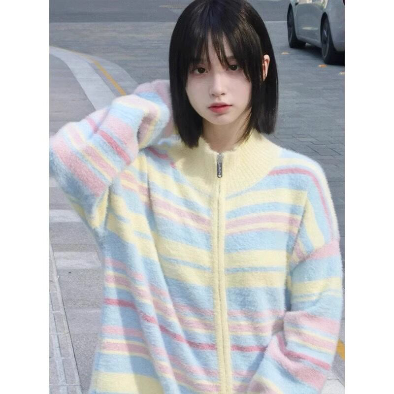ECHO STA原創設計多巴胺彩色條紋復古設計感拉鏈開衫針織毛衣