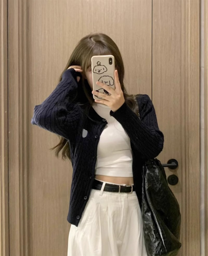 Navy Blue Knitted Cable-Knit Mini Cardigan for Women |  Autumn/Winter New Arrival | Lazy-Style Korean-Design Short Sweater Coat Top