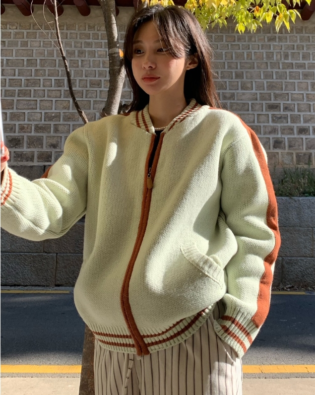 INS韓國博主!小眾設計休閒寬鬆百搭撞色後背愛心長袖拉鏈毛衣外套