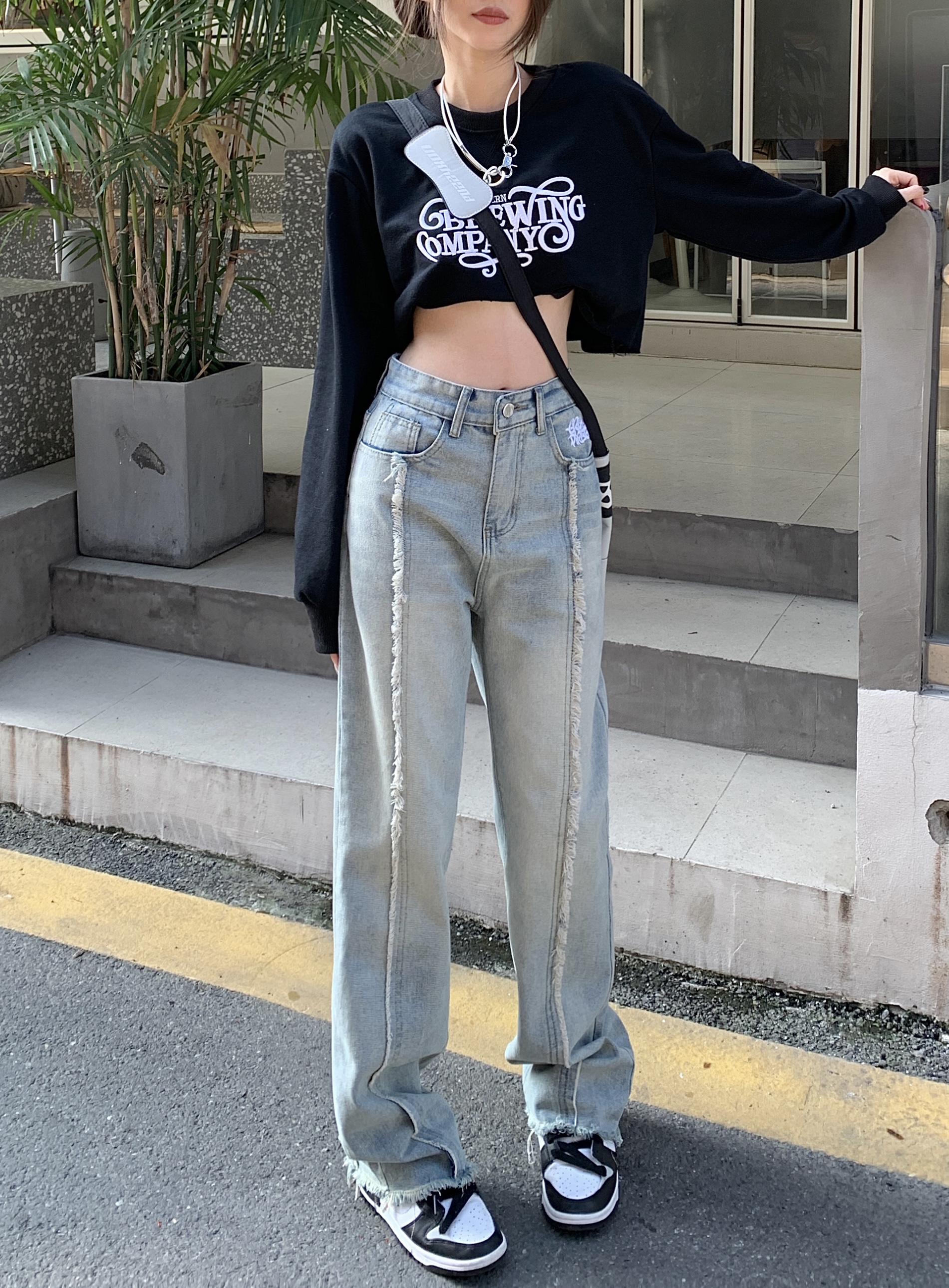 實拍！復古水洗做舊黃泥藍牛仔褲女高腰顯瘦直筒褲闊腿長褲